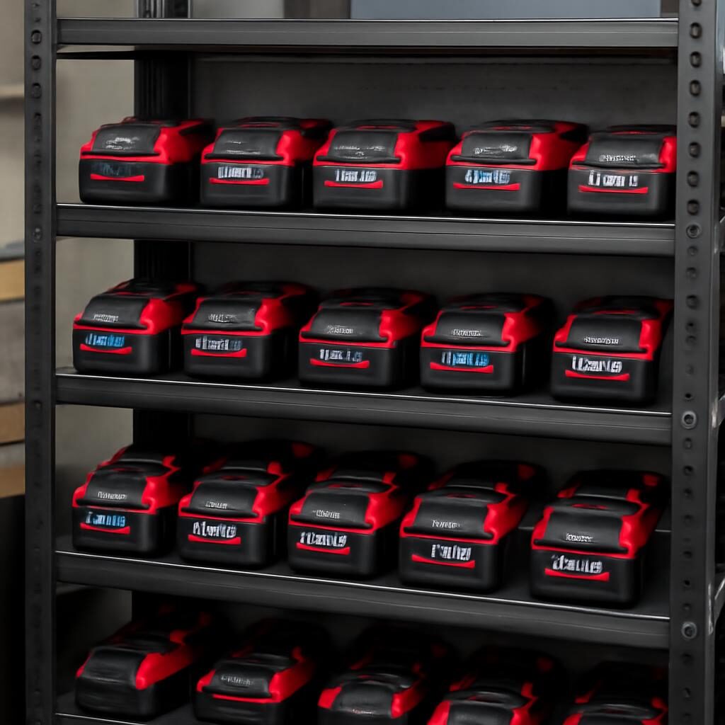 Étagère de stockage de batteries lithium dans un atelier organisé