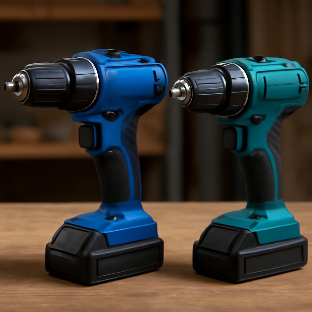 Perceuses Bosch et Makita 18V côte à côte sur un établi
