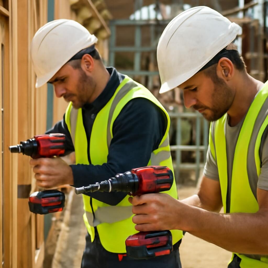 Ouvriers utilisant Bosch et Makita simultanément sur chantier