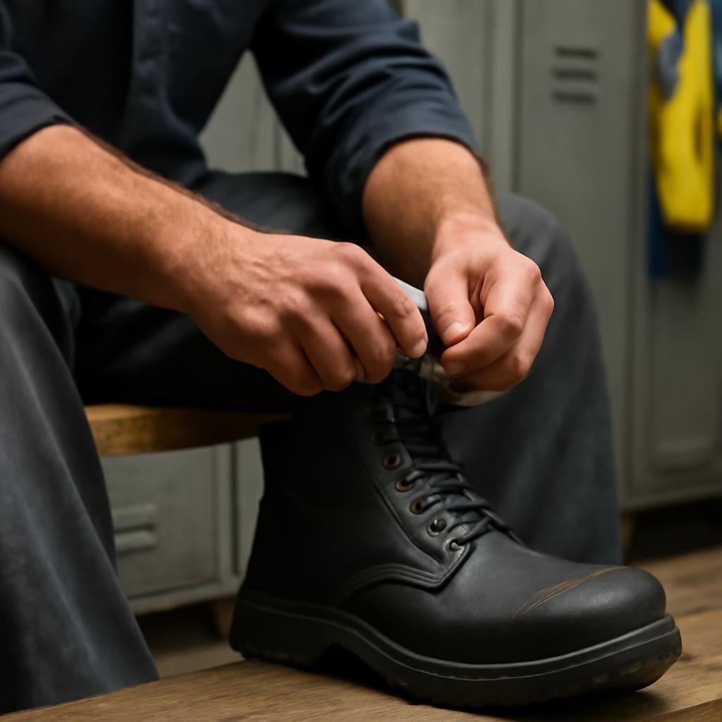 Travailleur enfilant ses chaussures de sécurité en vestiaire