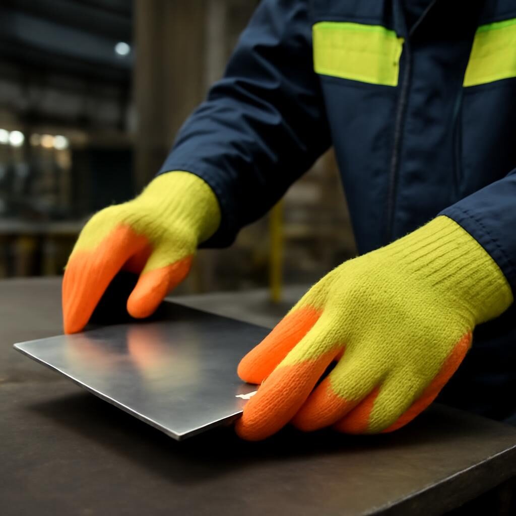 Travailleur manipulant une tôle métallique avec gants anti-coupure