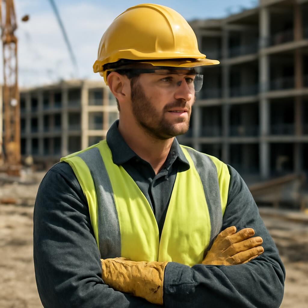 Ouvrier en EPI complet sur chantier de construction