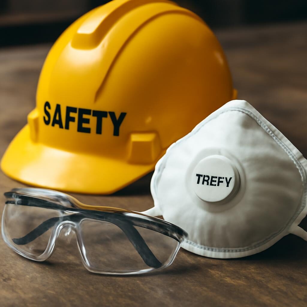 Casque, lunettes et masque FFP3 sur établi