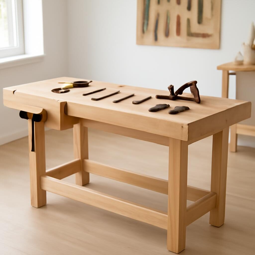 Établi atelier en bois massif avec presse et outils