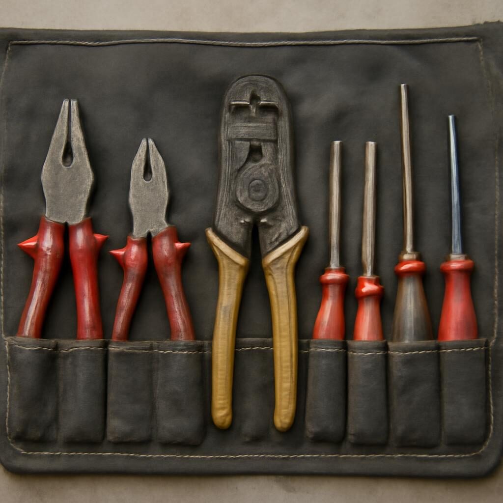 Trousse électricien avec pince à dénuder usée après deux ans