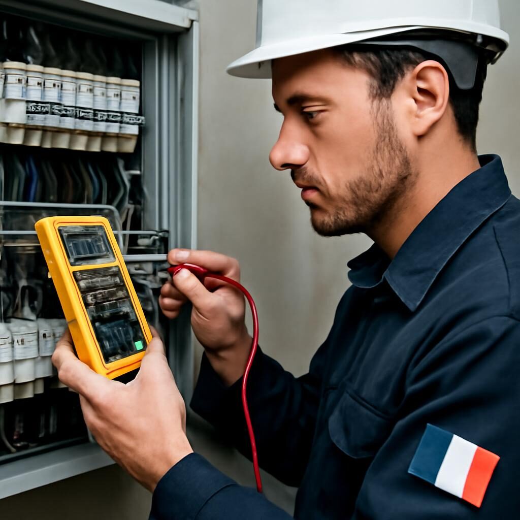 Électricien utilisant le multimètre Fluke 117 sur tableau électrique