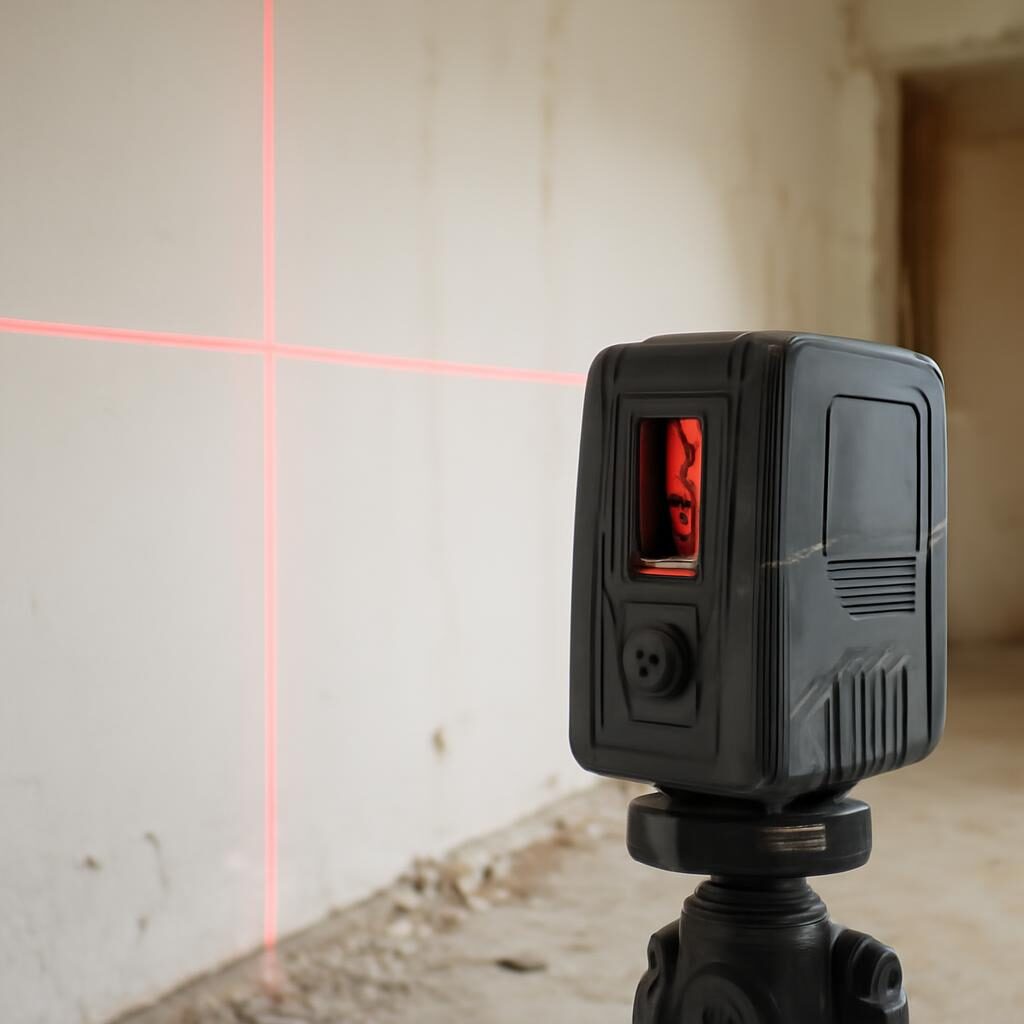 Niveau laser croix projetant lignes rouges sur mur