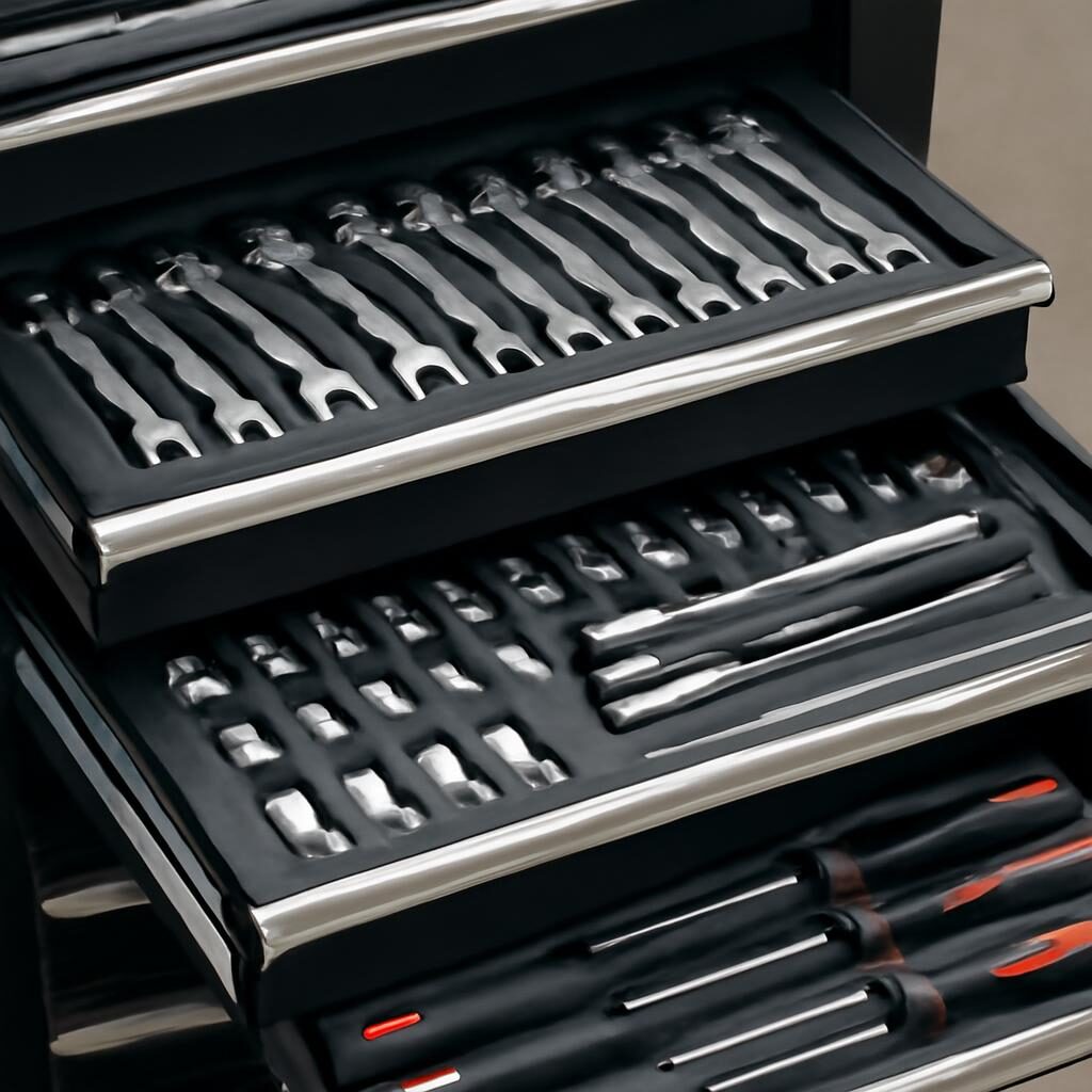 Tiroirs ouverts d'une servante avec outils chromés organisés