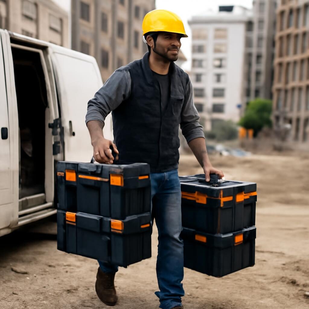 Artisan transportant deux Systainer connectés sur un chantier