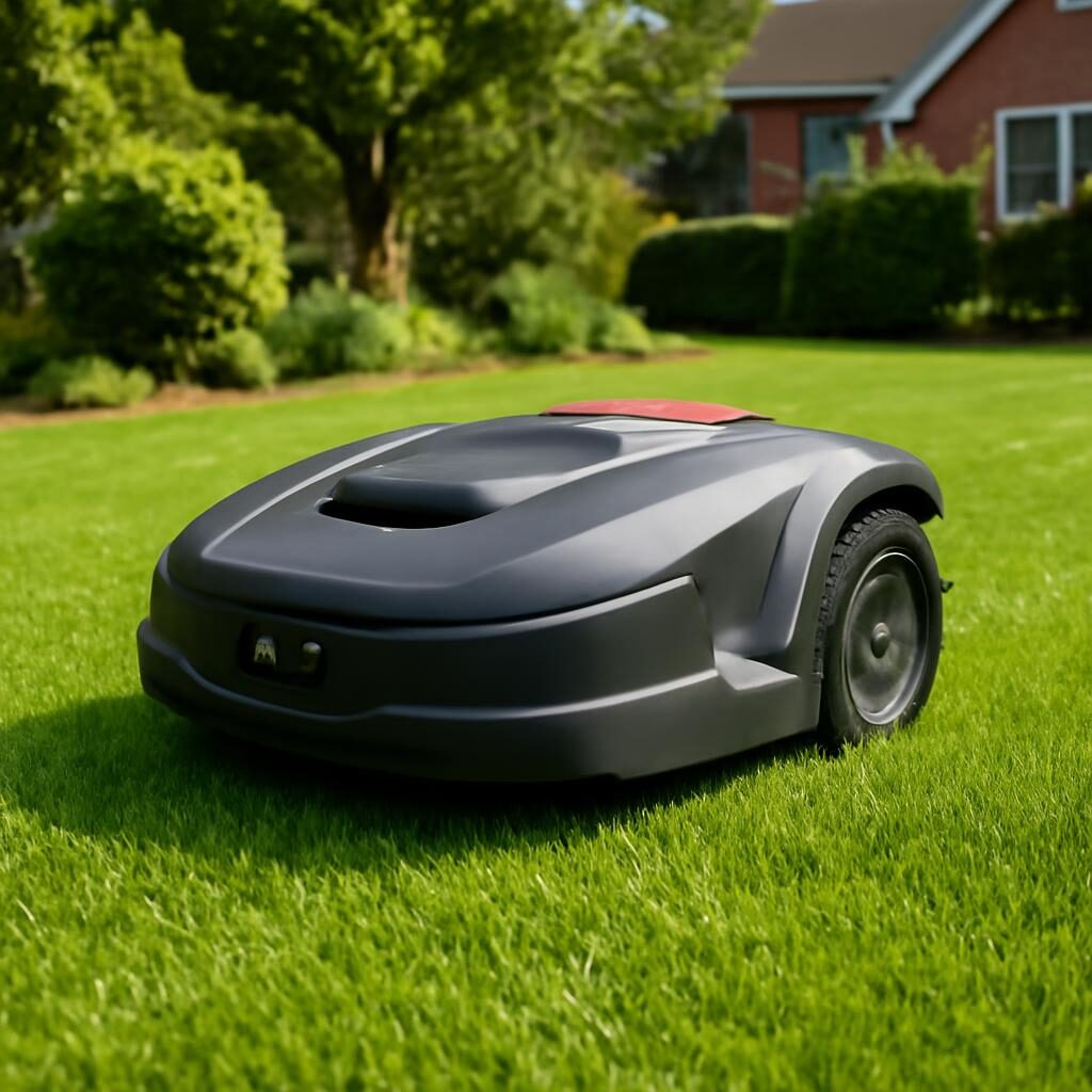 Robot tondeuse avec capteurs naviguant sur pelouse