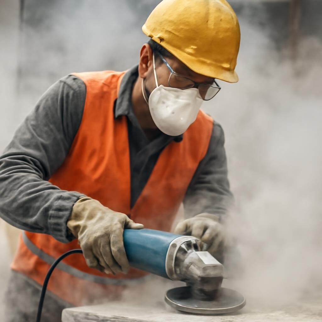 Ouvrier portant un masque FFP3 lors de découpe béton