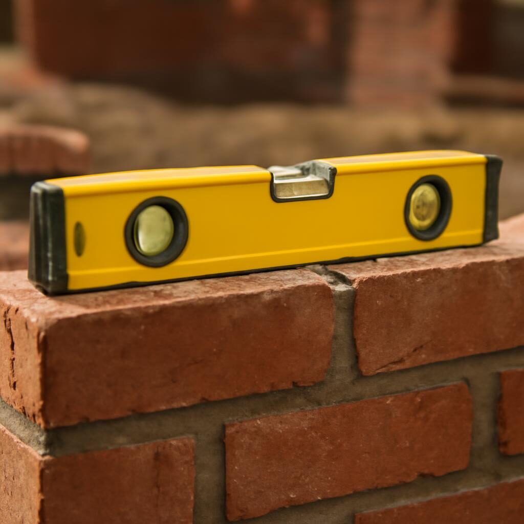 Niveau a bulle Stabila professionnel pose sur un mur en briques