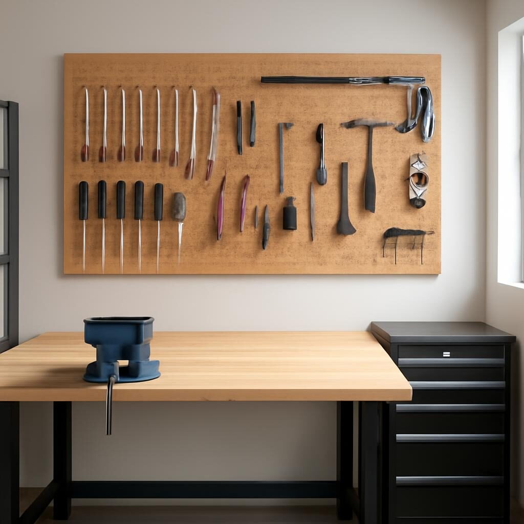 Vue large d'un atelier maison avec mur pegboard etabli et etau
