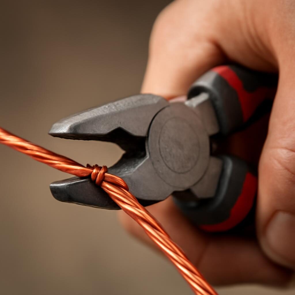 Pince combinee serrant un fil de cuivre electrique en gros plan