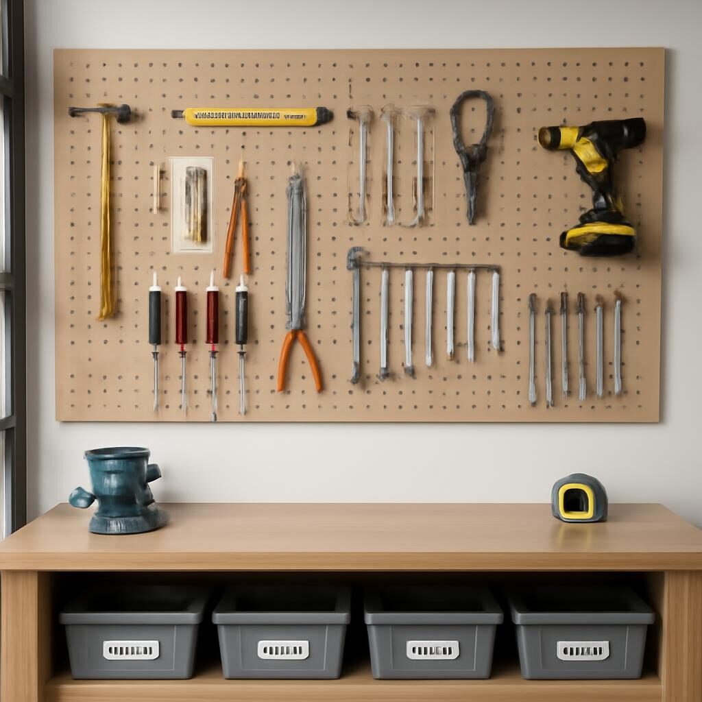 Atelier rangé pegboard et établi propre