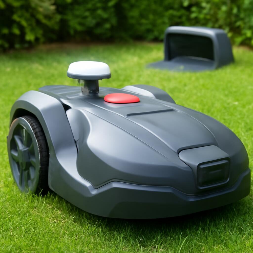 Robot tondeuse moderne avec antenne GPS et station de charge