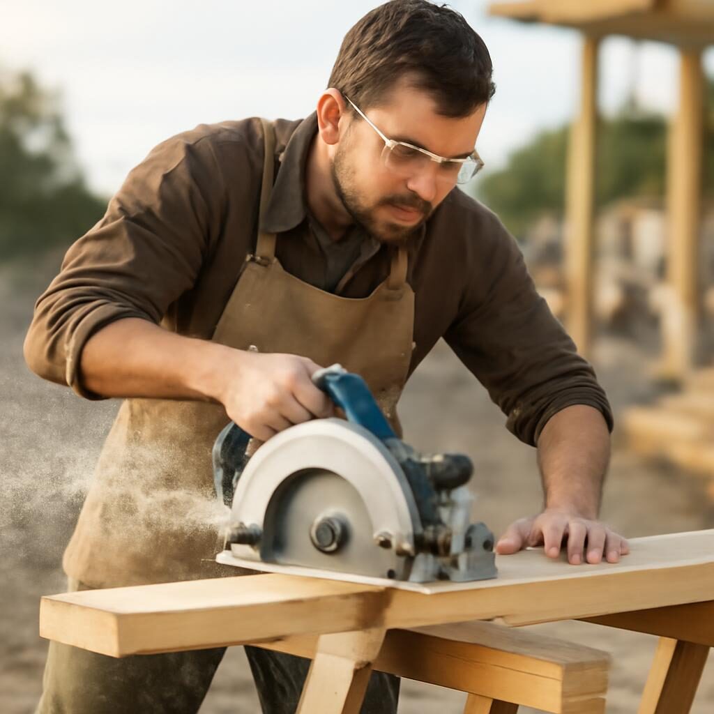 Menuisier utilisant une scie circulaire pour debiter une planche