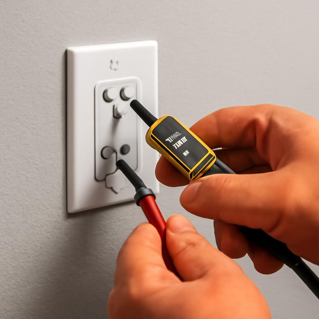 Électricien utilisant un testeur de tension VAT sur prise