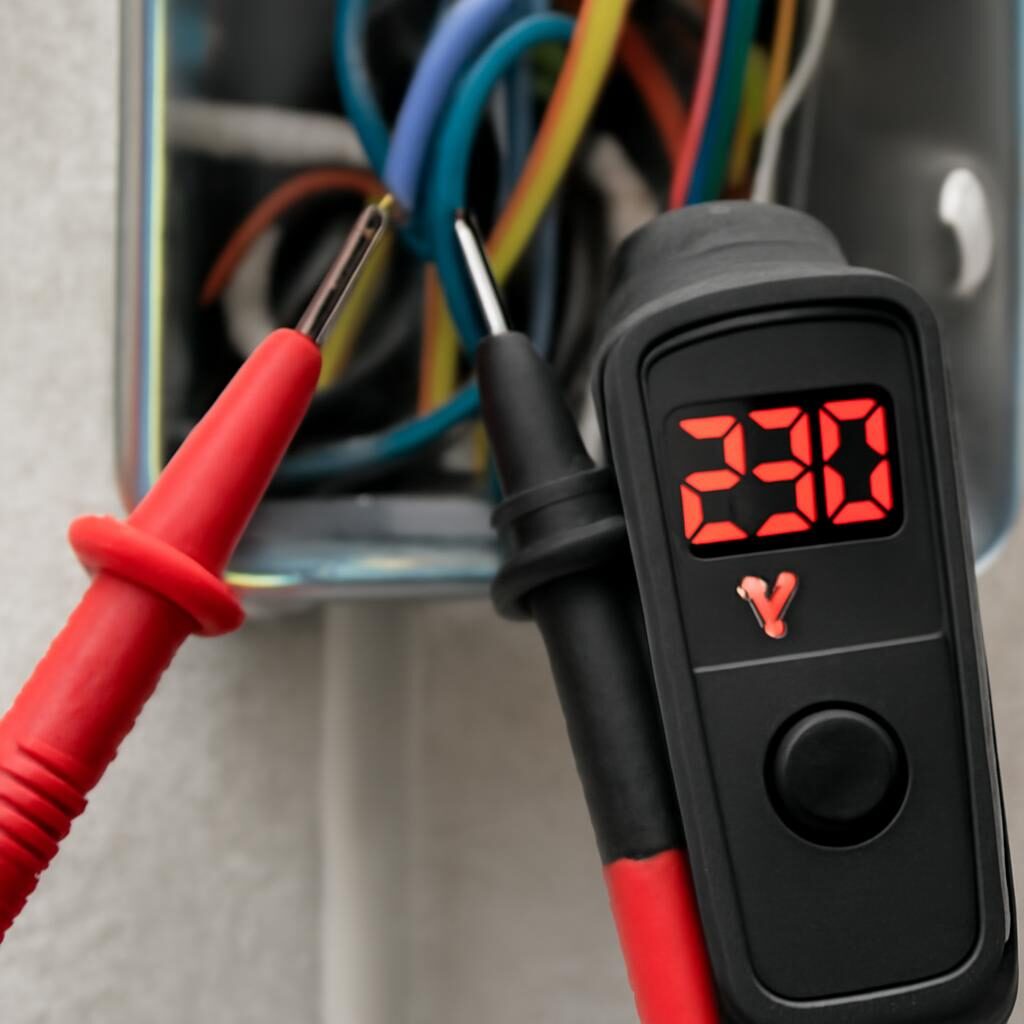 Pointes du testeur de tension VAT sur fils 230V